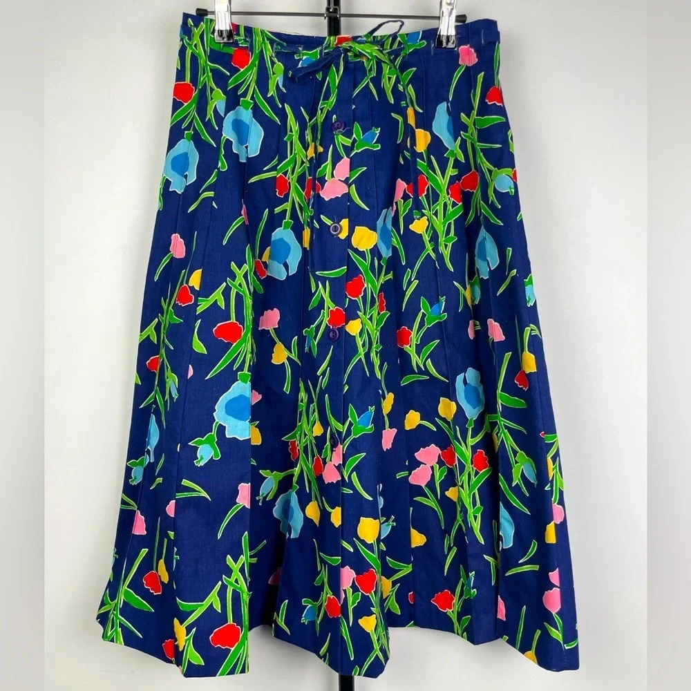 Vintage‎ Sanibel Sport Blue Tulip Floral Button Up Pleated A-Line Skirt